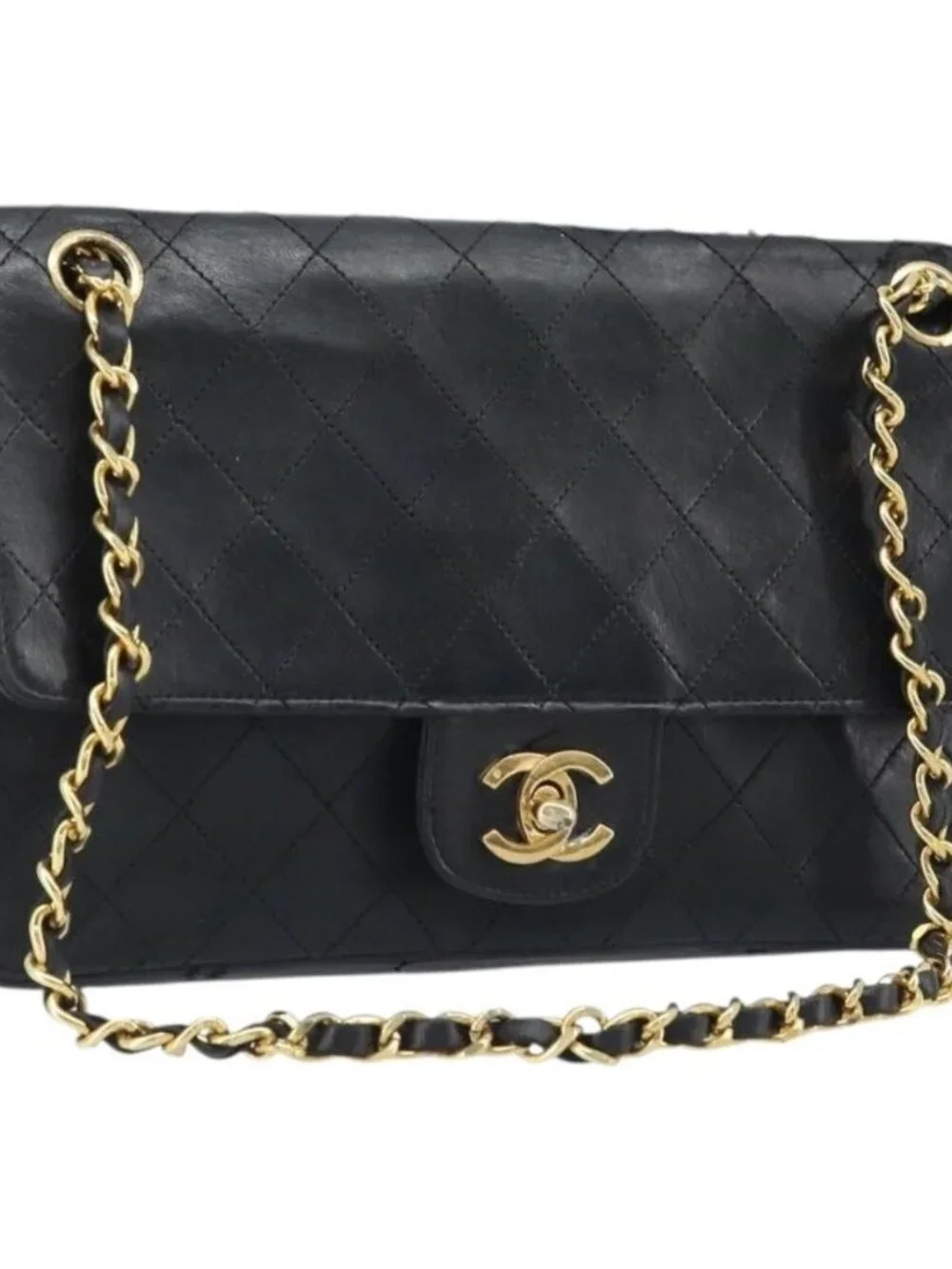 CHANEL Matelasse 25 Double Flap Chain Bag Lamb Skin Gold Black CC Auth bs34164